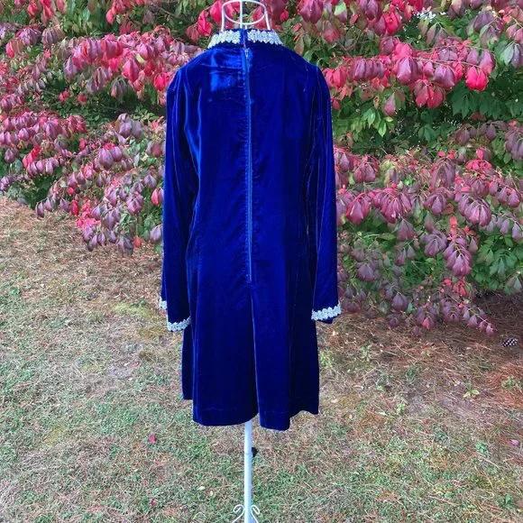 vintage 70s dress 1970s long sleeve velvet  deep blue rhinestone glitter | S-M | - Picture 8 of 9